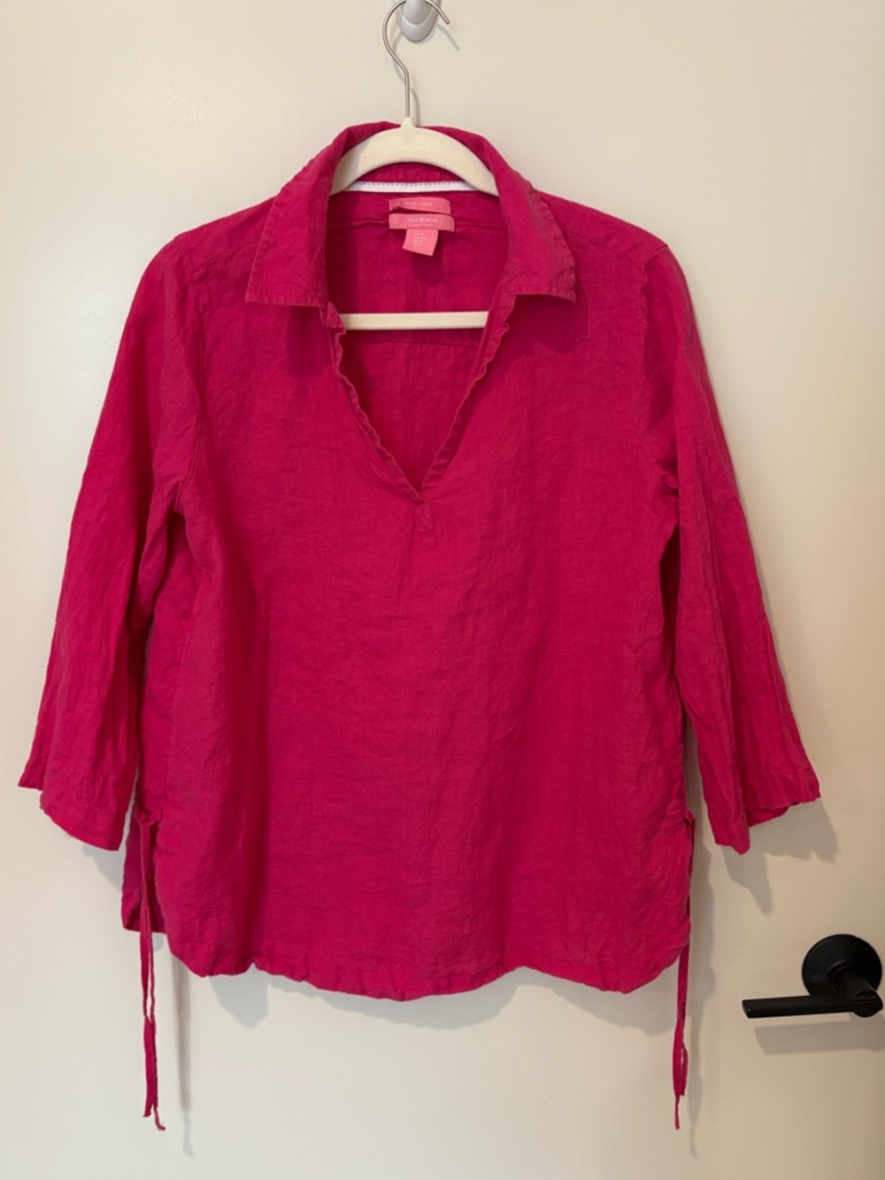 Isaac Mizrahi 100% Linen Fuchsia Pink V-Neck Collared Shirt Summer M
